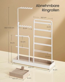 Suporte para joias em metal com bandeja em veludo 10 x 30,6 x (30,9-47,5) cm branco