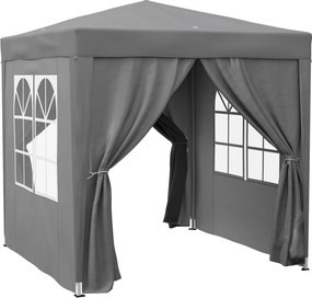 Tenda Dobrável 2x2m com 4 Paredes Laterais Tecido Oxford 2 Janelas e Saco de Transporte Anti-UV Impermeável Cinzento