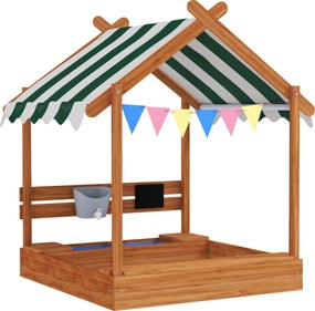 Outsunny Caixa de Areia para Crianças de 3-7 Anos de Madeira em Forma de Casa com 2 Assentos 6 Bandeirolas 124x116x146 cm Madeira | Aosom Portugal