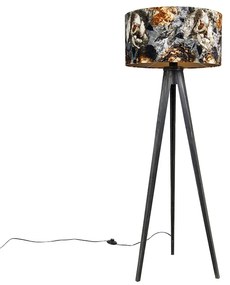 Candeeiro de pé tripé preto com flores de sombra 50 cm - Tripod Classic Clássico / Antigo