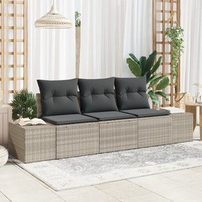 vidaXL Conjunto de Sofá de Jardim de 3 Peças com Almofadas Cinza Claro Vime PE