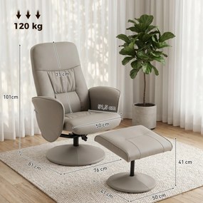 Poltrona Relax Reclinável com Otomana Encosto Alto Giratória 360° Apoios de Braços 76x81x101 cm Bege Cinzento