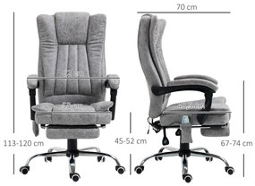 Cadeira de Escritório com 6 Pontos de Massagem Giratória Encosto Reclinável 135º Função de Aquecimento 62x67x113-120 cm Cinza