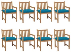 Cadeiras de jardim c/ almofadões azul-claro 8 pcs teca maciça