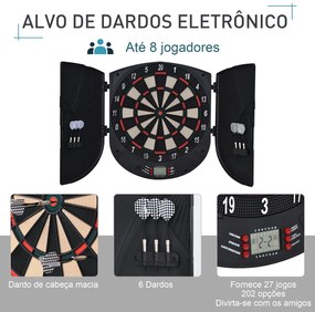 Alvo Eletrônico Digital com 6 Dardos até 8 Jogadores Marcador Portas Laterais Tela LCD 46.5x4.4x50.5 cm Preto