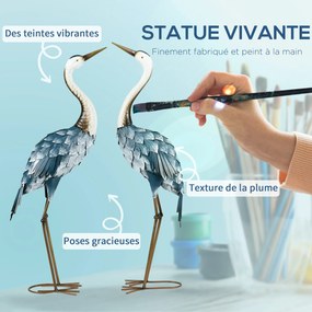 Conjunto de 2 estátuas de jardim: escultura de grou, decoração exterior com tema de aves, em aço, para terraço, varanda, pátio e relvado multicolorida