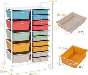 Carrinho de Arrumação Móvel, 63 x 38 x 96 cm, 15 Gavetas, Multicolor