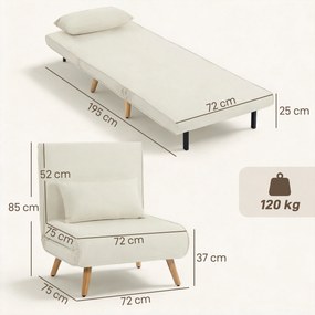 Poltrona conversível 3 em 1: poltrona-cama de 1 lugar, encosto com 5 posições, em tecido com almofada, creme