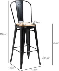 Conjunto de 4 bancos de bar com encosto e apoio para os pés, altura do assento 76 cm, metal preto, em imitação de madeira clara
