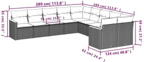 10 pcs conjunto sofás de jardim c/ almofadões vime PE cinzento