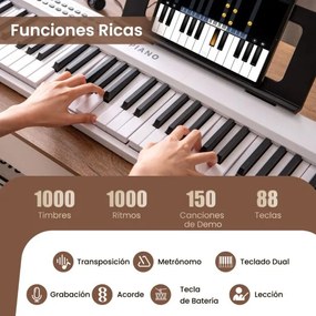 Teclado de piano elétrico dobrável com 88 teclas, tamanho normal, semi-pesado e portátil com MIDI 128 x 23 x 6 cm Branco