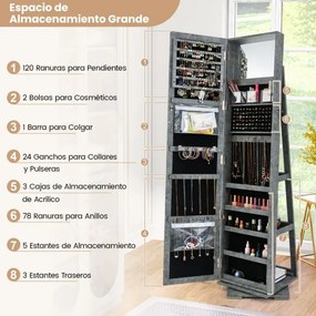 Espelho giratório 360° para joias com espelho de corpo inteiro Organizador de joias com espelho para maquilhagem 39 x 39 x 161 cm Cinza escuro