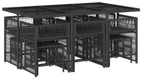 11 pcs conjunto de jantar p/ jardim c/ almofadões vime PE preto