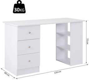 Secretária multimédia com várias opções de arrumação: 3 gavetas e 2 prateleiras, 120 x 49 x 72 cm, branca