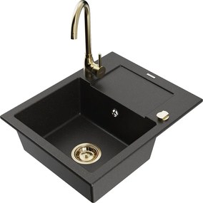 Mexen Enzo lava-louças de granito de 1 bacia com escorredor e torneira Telma, preto/dourado - 6506-75-670200-50