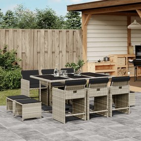 vidaXL 11 pcs conjunto jantar p/ jardim c/ almofadões vime PE cinzento