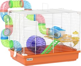 PawHut Gaiola para Hamster com Túnel Prato Bebedouro Casinha Rampa Roda de Exercício Bandeja Removível 46x30x37 cm Laranja | Aosom Portugal