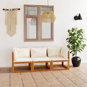 vidaXL Banco de jardim 3 lugares c/ almofadões cor creme acácia maciça