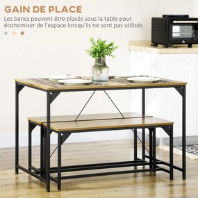 Conjunto de mesa de jantar e 2 bancos com estrutura em aço para 4 pessoas, para cozinha, sala de jantar e sala de estar, em tons naturais e pretos
