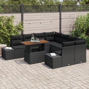 Conjunto de Sofá de Jardim de 9 Peças com Almofadas Preto de Rattan Po