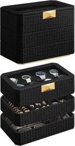 Coleção SONGMICS HOME RONNE - Caixa de relógio de 3 níveis, estojo empilhável com 8 compartimentos, couro sintético trançado com relevo, efeito flutuante, presente de Natal, superfície preta, forro preto UJWB021B01