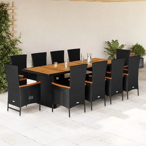 vidaXL 11 pcs conjunto de jantar p/ jardim c/ almofadões vime PE preto