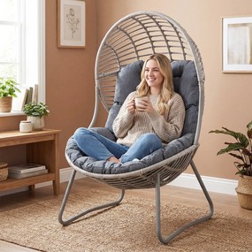 Cadeira jardim «Ovo Grande» 98 x 88,5 x 137,5 cm com almofada removível, travesseiro e Estrutura metálica para sala, varanda ou alpendre Bege + Cinzen