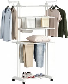 Estendal de roupa dobrável de 5 níveis com Rodas, estendal de roupa para interior com abas laterais, estrutura em aço, branco