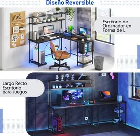 Secretária 145 x 145 x 147 cm em forma de L convertível com tomadas e portas USB e iluminação inteligente preta