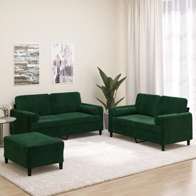 vidaXL 3pcs conjunto sofás c/ almofadas/almofadões veludo verde-escuro