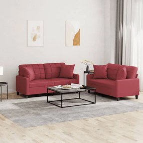 vidaXL 2 pcs conjunto sofás c/ almofadas couro artif. vermelho tinto