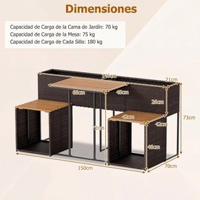 Conjunto de Canteiro Elevado, Mesa e 2 Cadeiras de Jardim, 150 x 70 x 73 cm, Arrumação Integrada, Castanho