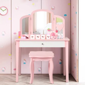 Conjunto de toucador e cadeira infantil Mesa de maquiagem com espelho de três partes e banco de mesa removível 2 em 1 Rosa