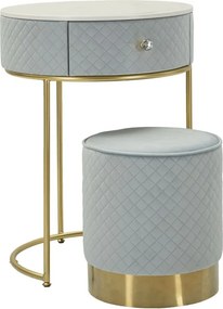 MESA DE CABECEIRA/TOCADOR COM PUFF Ø52X70 - Ø36X39 CM AZUL CLARO E DOURADO