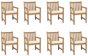 Cadeiras de jardim c/ almofadões cor creme 8 pcs teca maciça