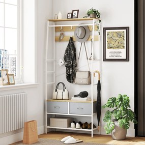 Móvel Cabide de Entrada com Banco Sapateira 8 Ganchos 2 Gavetas de Tecido Barra Prateleira 80x30x180,5 cm Branco e Madeira