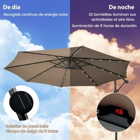 Guarda-sol de 3 m com pega 32 luzes LED solares com base de saco de areia jardim piscina castanho