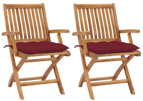 vidaXL Cadeiras jardim c/ almofadões vermelho tinto 2 pcs teca maciça