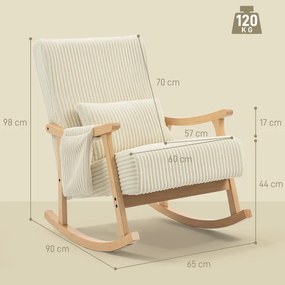 Cadeira Baloiço Moderna em Veludo Cotelê com Apoio para os Braços Almofada Lombar e Bolso Poltrona de Amamentação 65x90x98 cm Bege