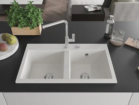 Mexen Hektor lava-loiça em granito de 2 cubas 800 x 480 mm, branco, sifão cromado - 6521802000-20