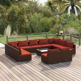 12 pcs conjunto lounge de jardim c/ almofadões vime PE castanho