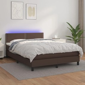 vidaXL Cama box spring c/ colchão/LED 140x190 cm couro artif. castanho