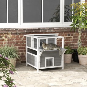 Casa para Gatos de Madeira 64x87x76 cm de 2 Níveis com Teto Asfáltico Janela e Porta com Cortina 64x87x76 cm Cinza Claro