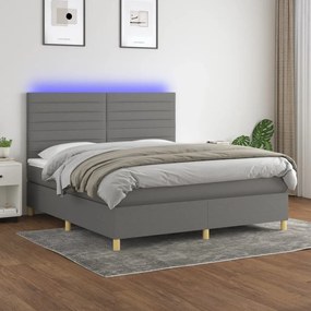 Cama box spring c/ colchão e LED 160x200 cm tecido cinza-escuro