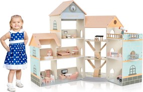 Casa de bonecas de madeira com telhado 82,5 x 107 x 94,5 cm, 41 móveis e acessórios Casa dos sonhos DIY com 3 andares e 6 quartos Laranja