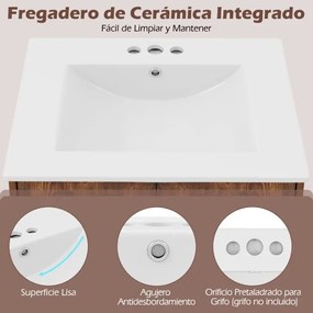 Armário de casa de banho com lavatório em cerâmica com arrumação sob o lavatório com 2 portas Castanho rústico