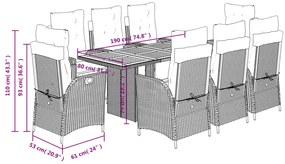 9 pcs conjunto de jantar p/ jardim c/ almofadões vime PE cinza