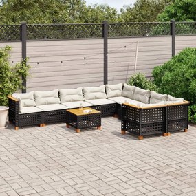 10 pcs conjunto sofás de jardim c/ almofadões vime PE preto