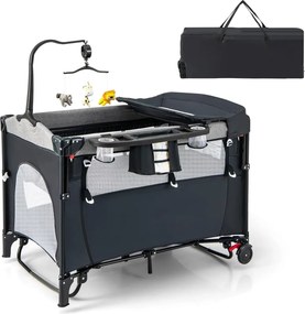 Berço de viagem para bebés de 0 a 3 anos com trocador, colchão, brinquedos pendurados, caixa de música, altura ajustável, rodas preto