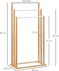 Toalheiro de Pé de Bambu com 3 Barras Toalheiro Independente de 3 Níveis para Casa de Banho 48x25,8x94cm Madeira